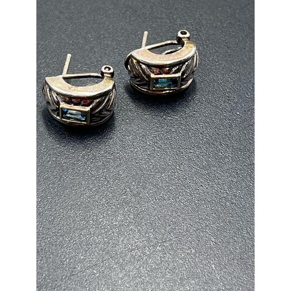 Signed 925 Sterling Silver 14k Yellow Gold Blue Topaz Omega Bali Earrings - Picture 3 of 13